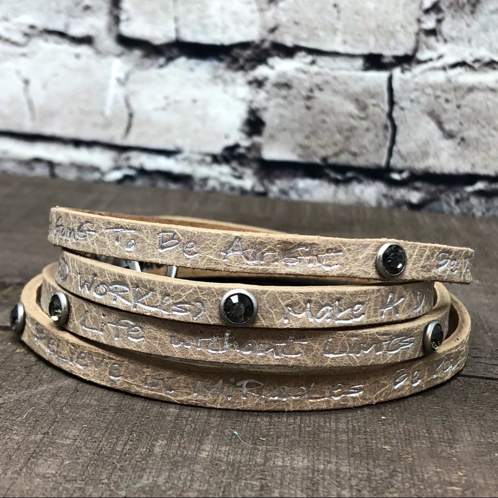 Rocker Taupe Leather Wrap Bracelet w/ Crystals